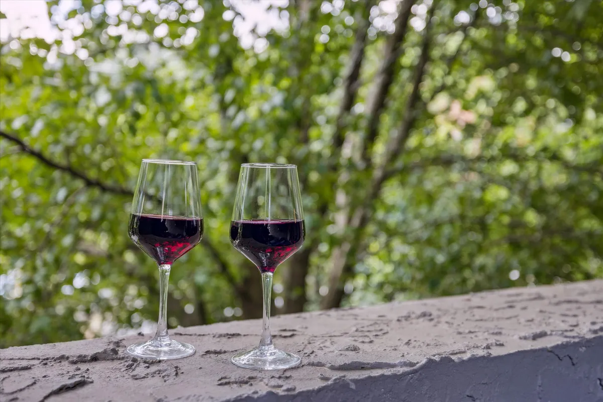 Two glasses of red wine rest on a textured balcony ledge, set against a lush green background. The intimate setup evokes leisurely evenings and meaningful moments spent outdoors.